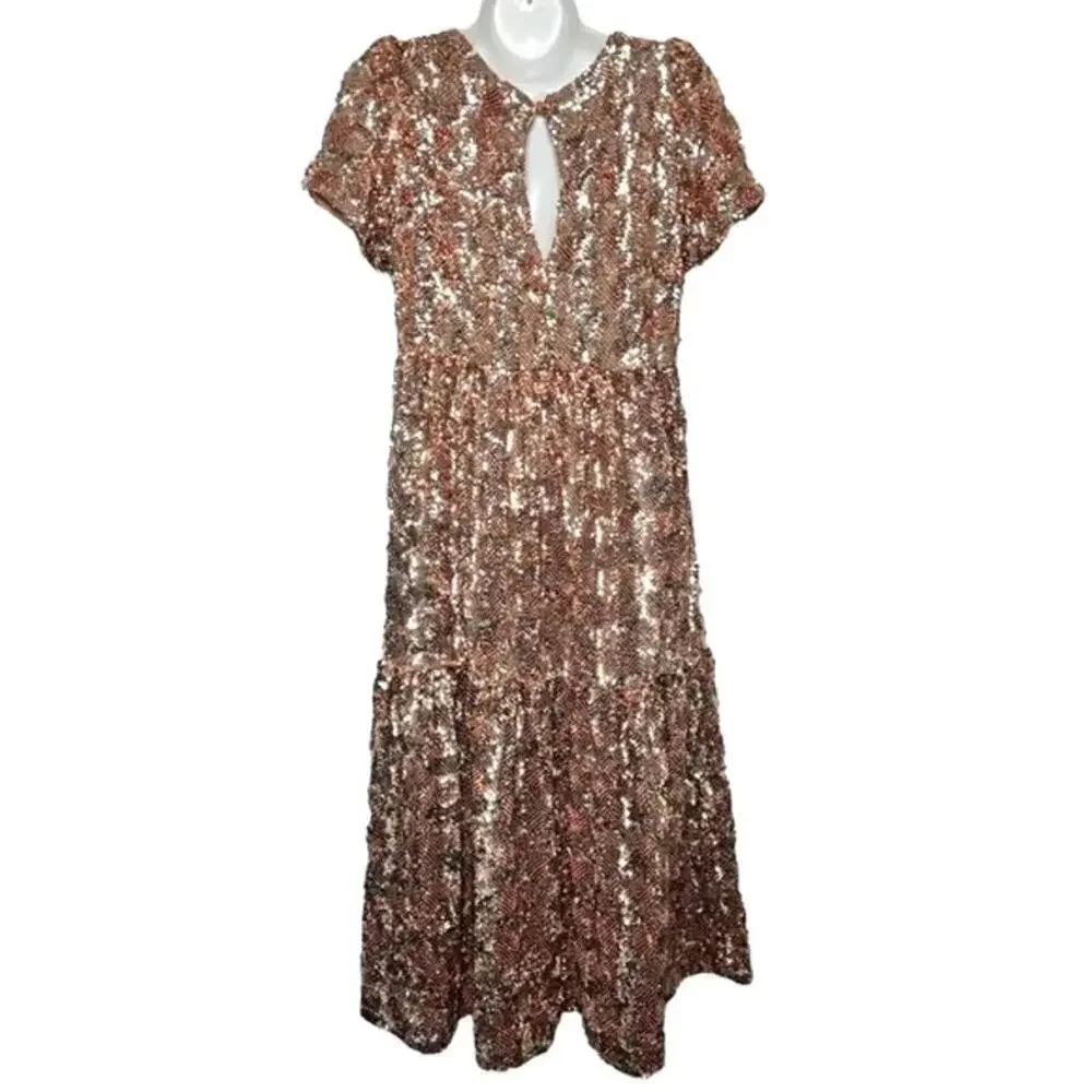 Maeve by Anthropologie Bernadette Tiered Sequin Midi Dress Rose Gold Small NWT